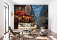 Living room dressed in glowing Paris evening cafe wall mural
