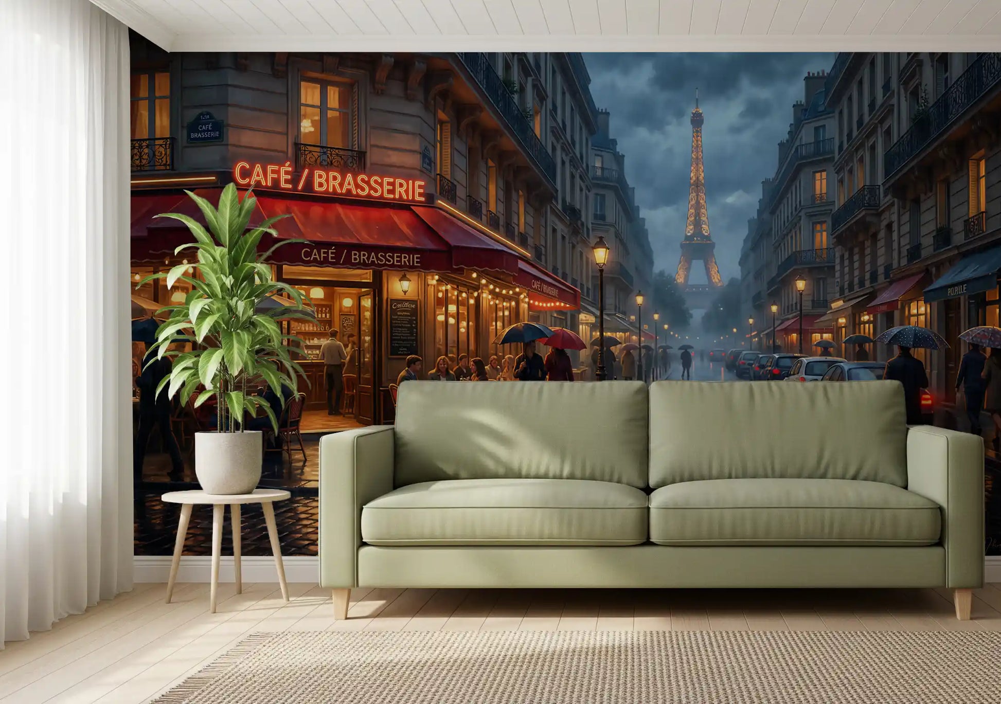 Cafe and brasserie wall mural with neon signage and Haussmann buildings