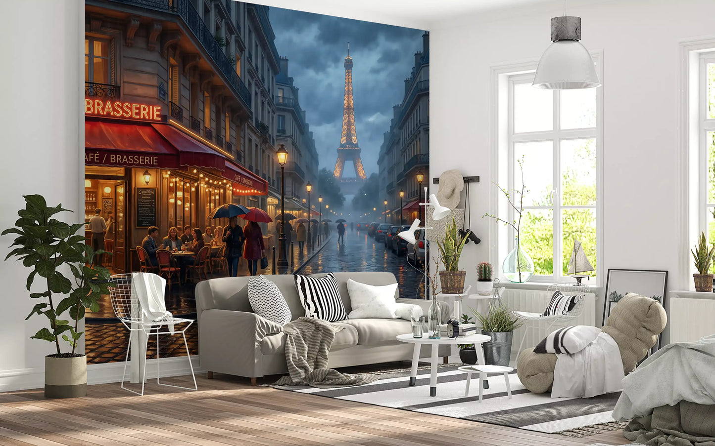 Rainy evening Paris wall mural showing brasserie tables and lamp-lit street