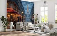 Rainy evening Paris wall mural showing brasserie tables and lamp-lit street