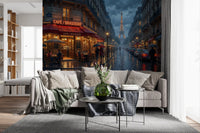 Living room styled with Eiffel Tower and rainy Paris cafe wall mural