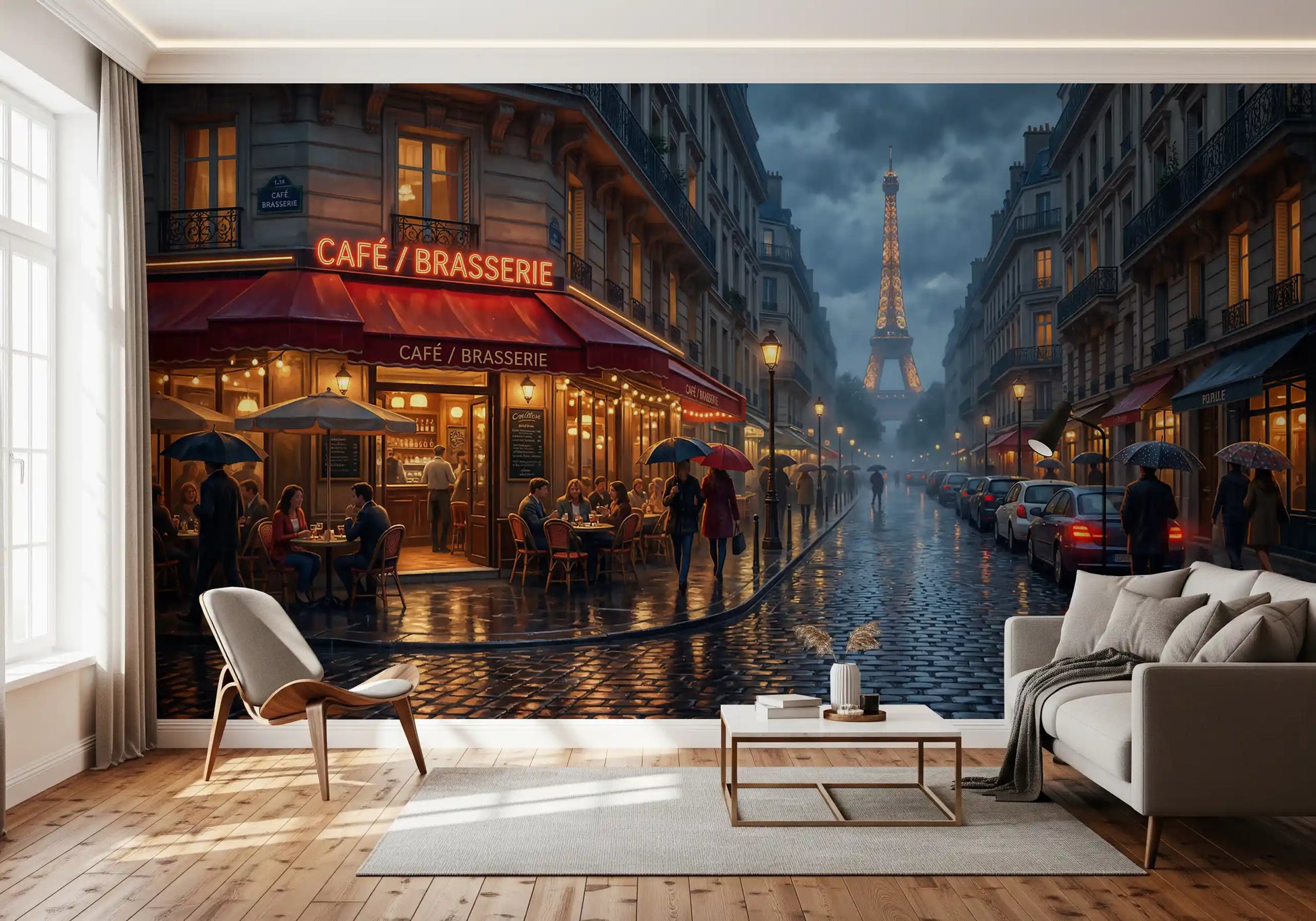 Living room wrapped in rainy cobblestone Paris cafe wall mural