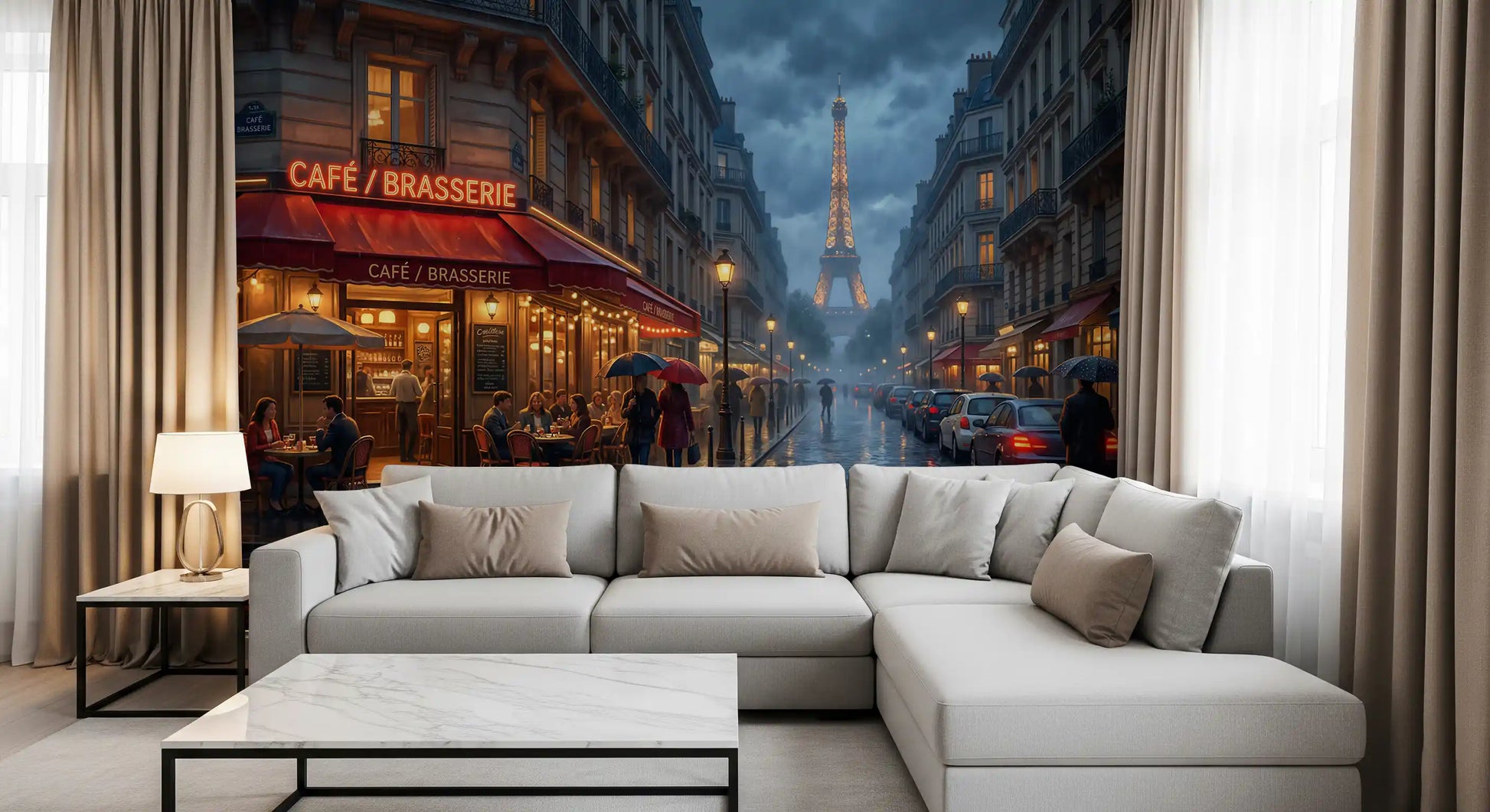 Paris cafe wall mural with red awnings, rainy cobblestone, and Eiffel Tower glow