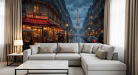 Paris cafe wall mural with red awnings, rainy cobblestone, and Eiffel Tower glow