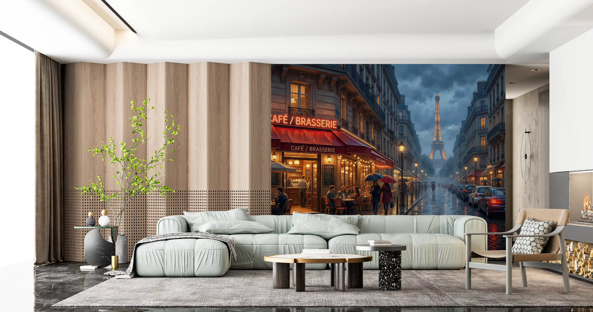 lounge area clad in painterly Paris street wall mural with lamps
