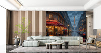 lounge area clad in painterly Paris street wall mural with lamps