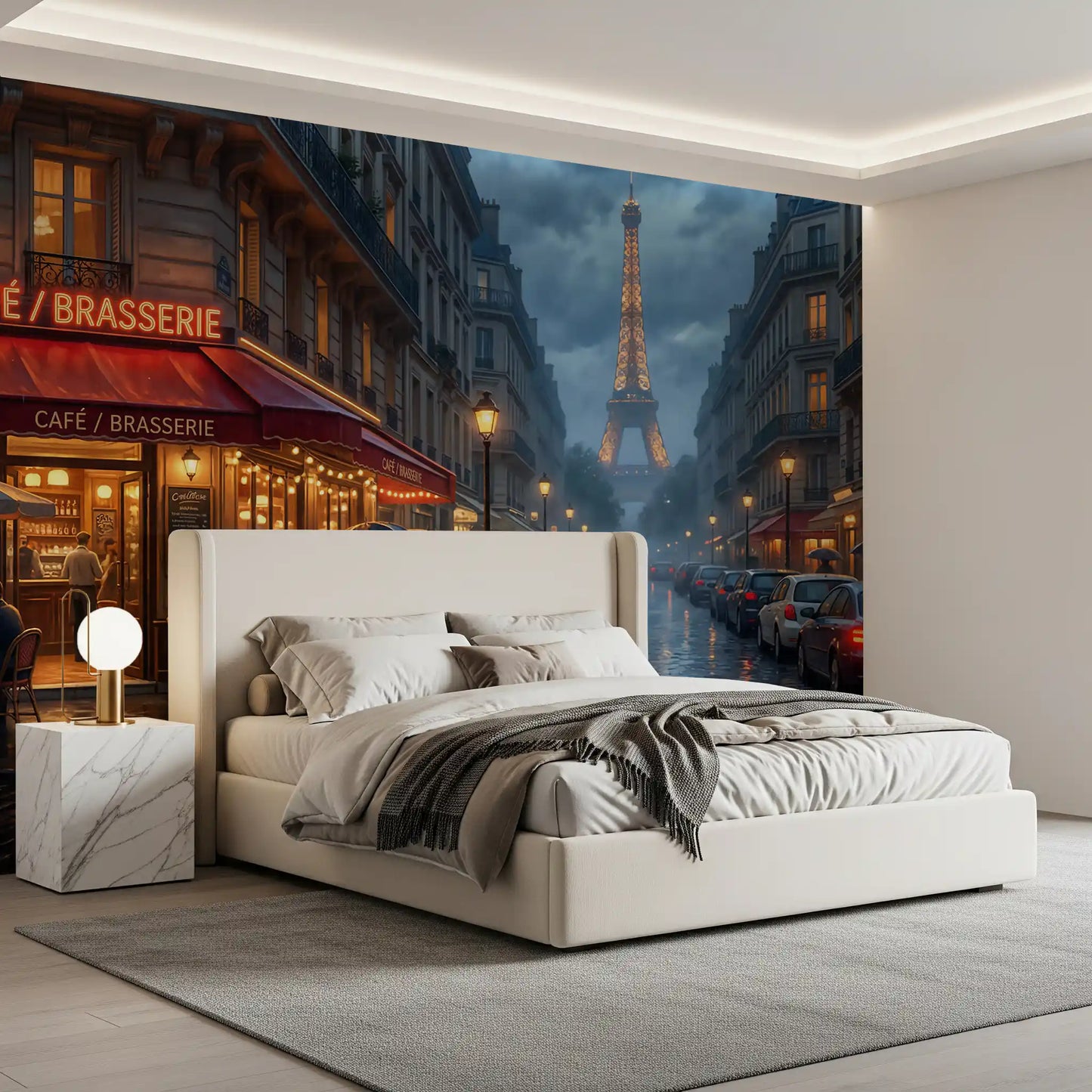 Bedroom finished with moody Paris brasserie wall mural at dusk