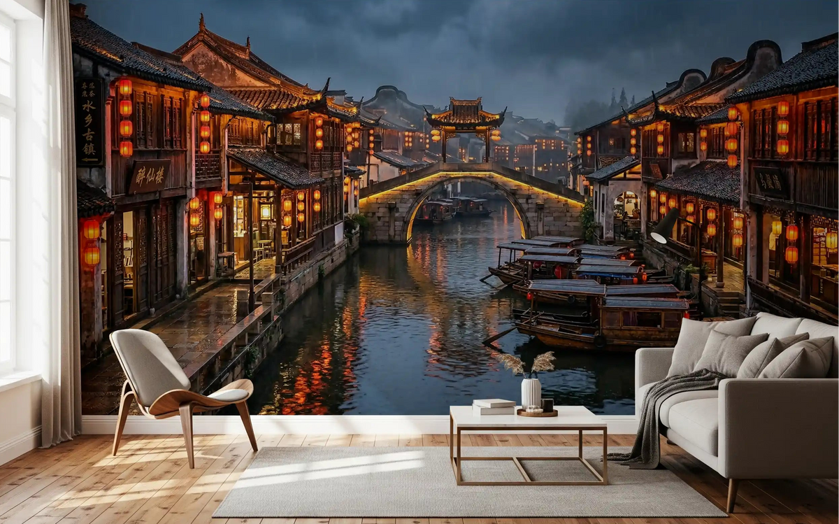 Living room with old town canal wall mural in moody twilight tones