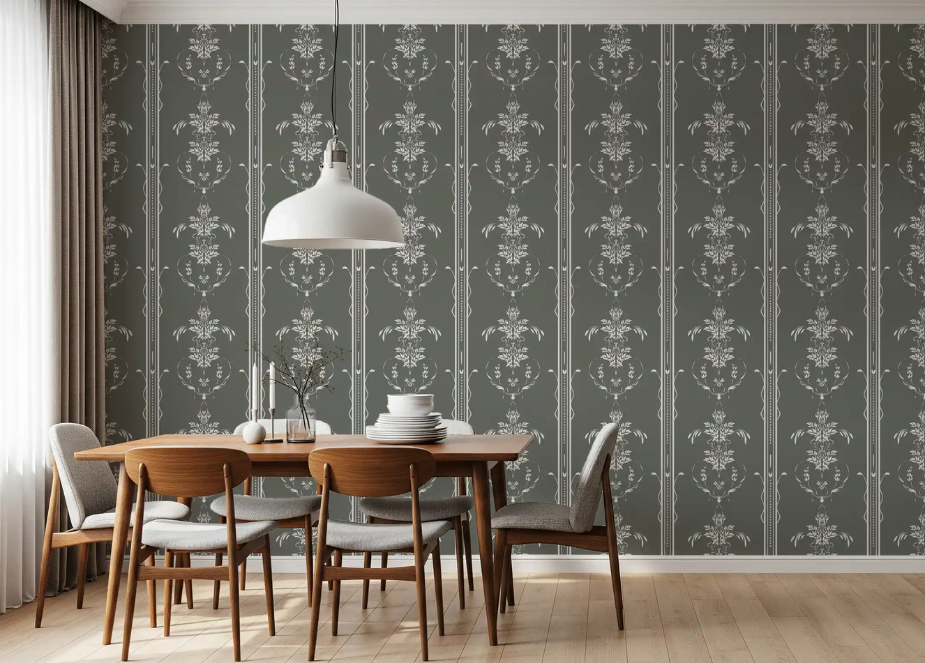 Timeless  Cottagecore Gray Botanical Motif Stripes Wallpaper⁠