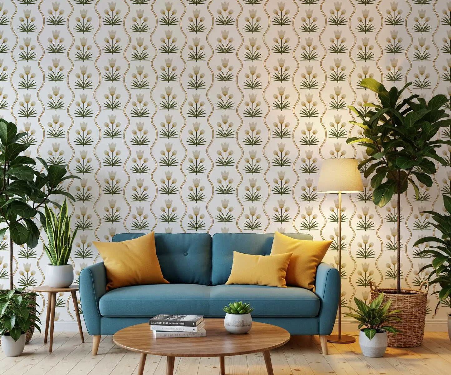 Papel pintado floral simétrico minimalista blanco Earthen Floral Grace