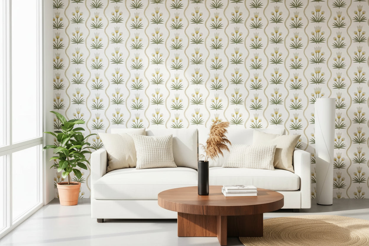 Papel pintado floral simétrico minimalista blanco Earthen Floral Grace