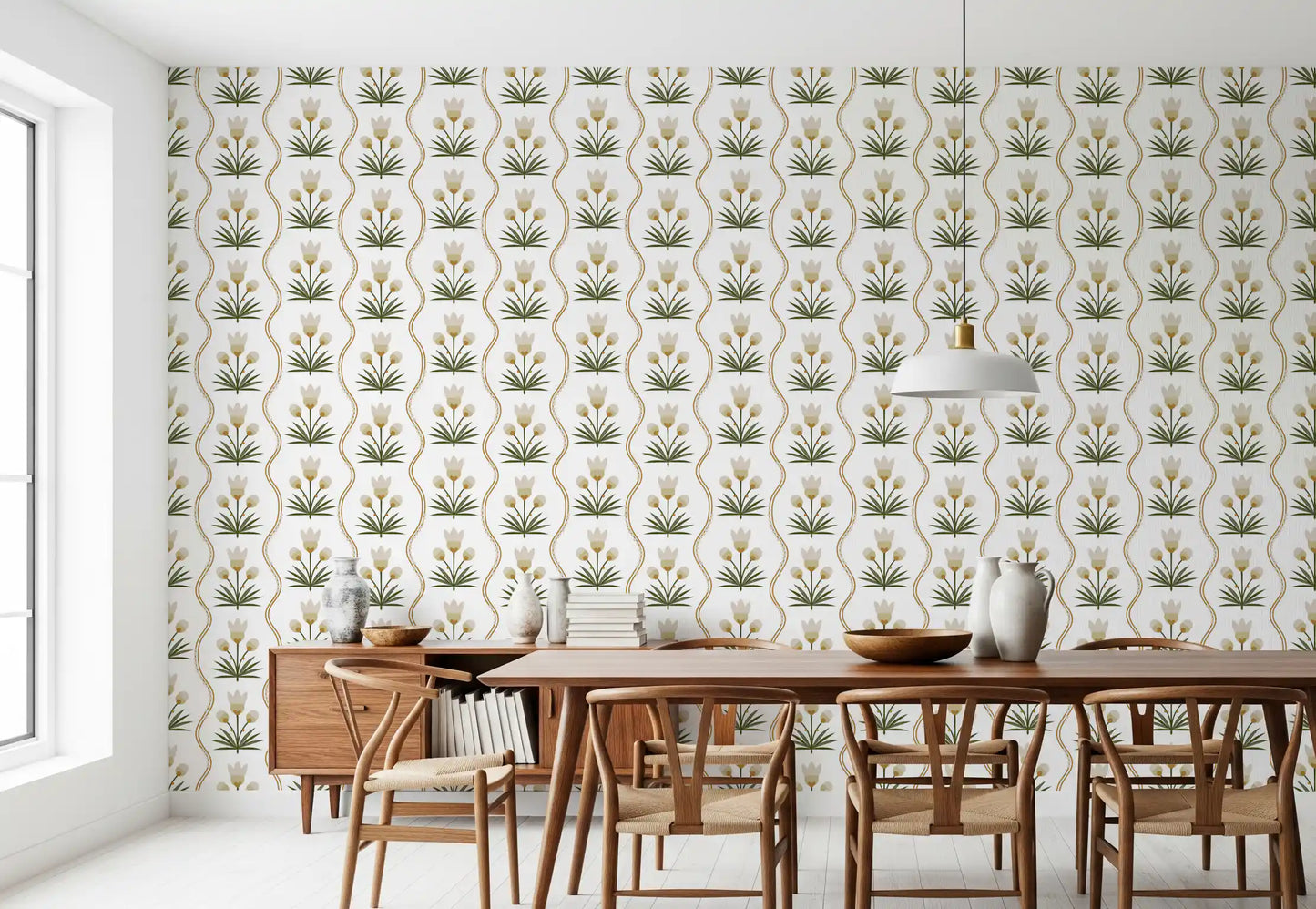 Papel pintado floral simétrico minimalista blanco Earthen Floral Grace