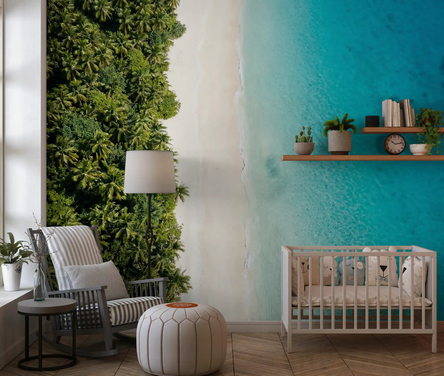 Tropical wall mural with deep green palms, ivory sand, and gradient teal ocean