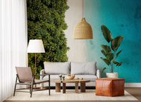 Living room dressed in tropical island wall mural with turquoise shallows