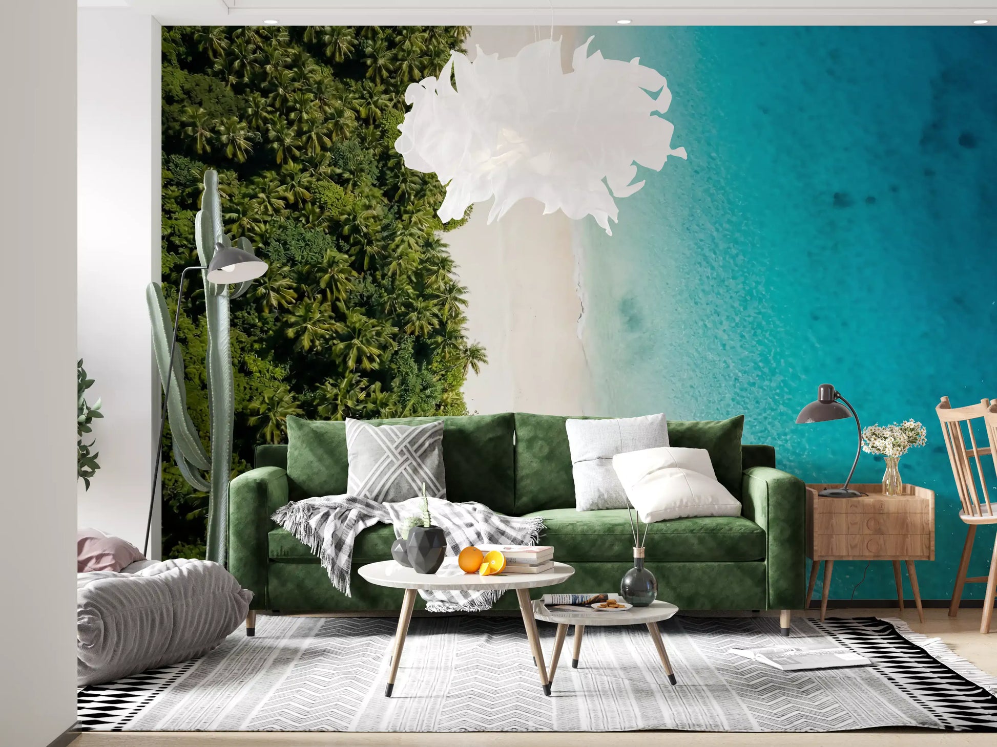 Hallway  finished in aerial palm forest wall mural with white sand strip