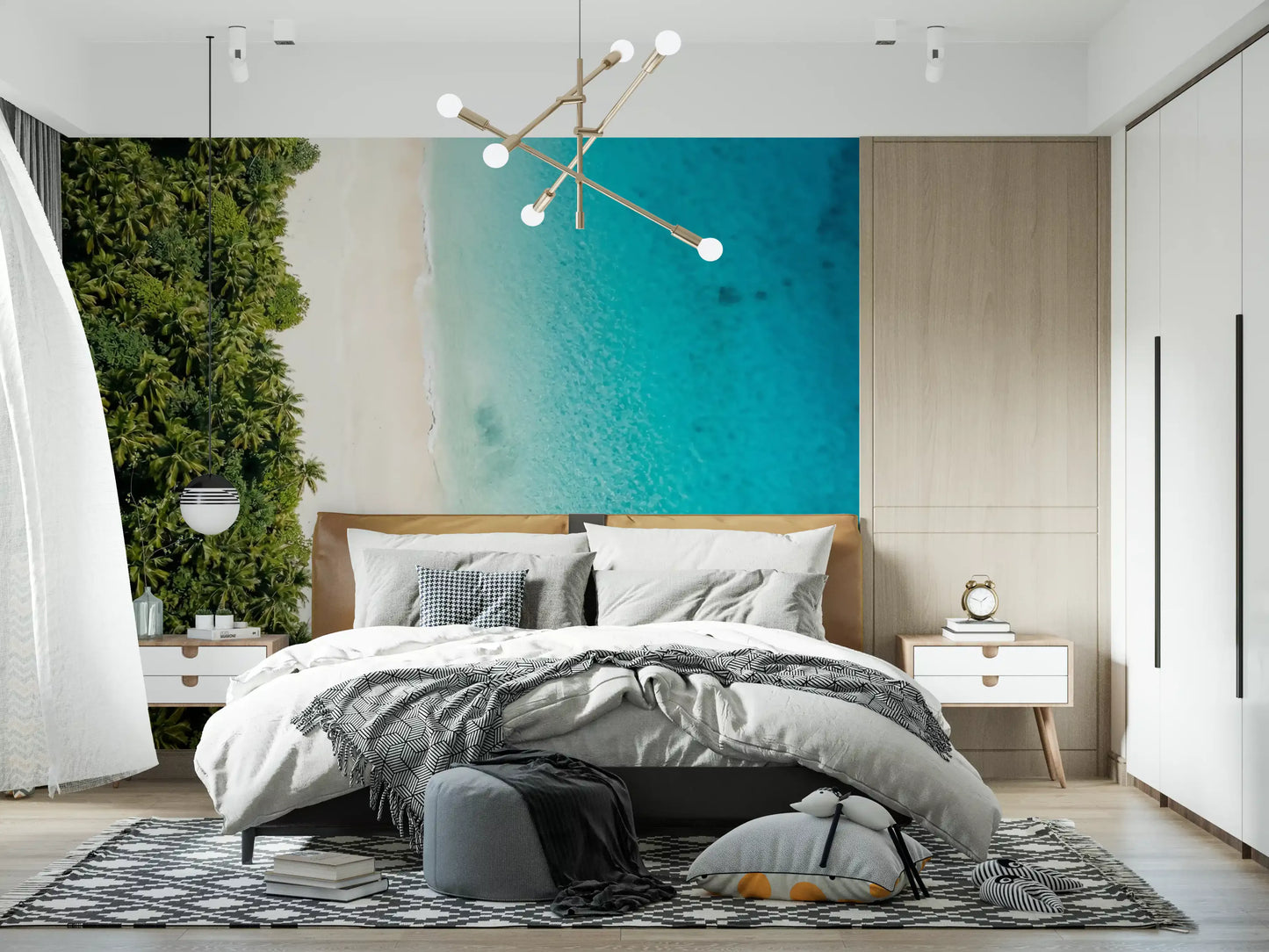 Aerial tropical shoreline wall mural with palm canopy, white sand, and aqua sea