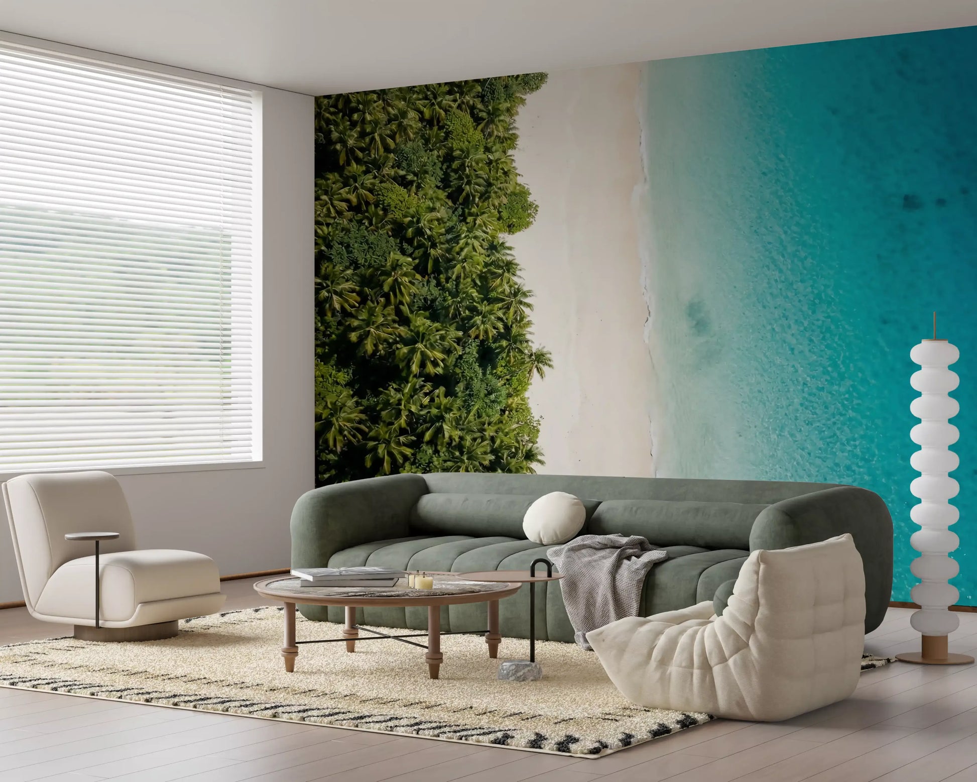 Living room clad in coastal wall mural with aqua water and dense palm canopy