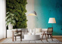 Living room covered with tropical beach wall mural in green and turquoise tones