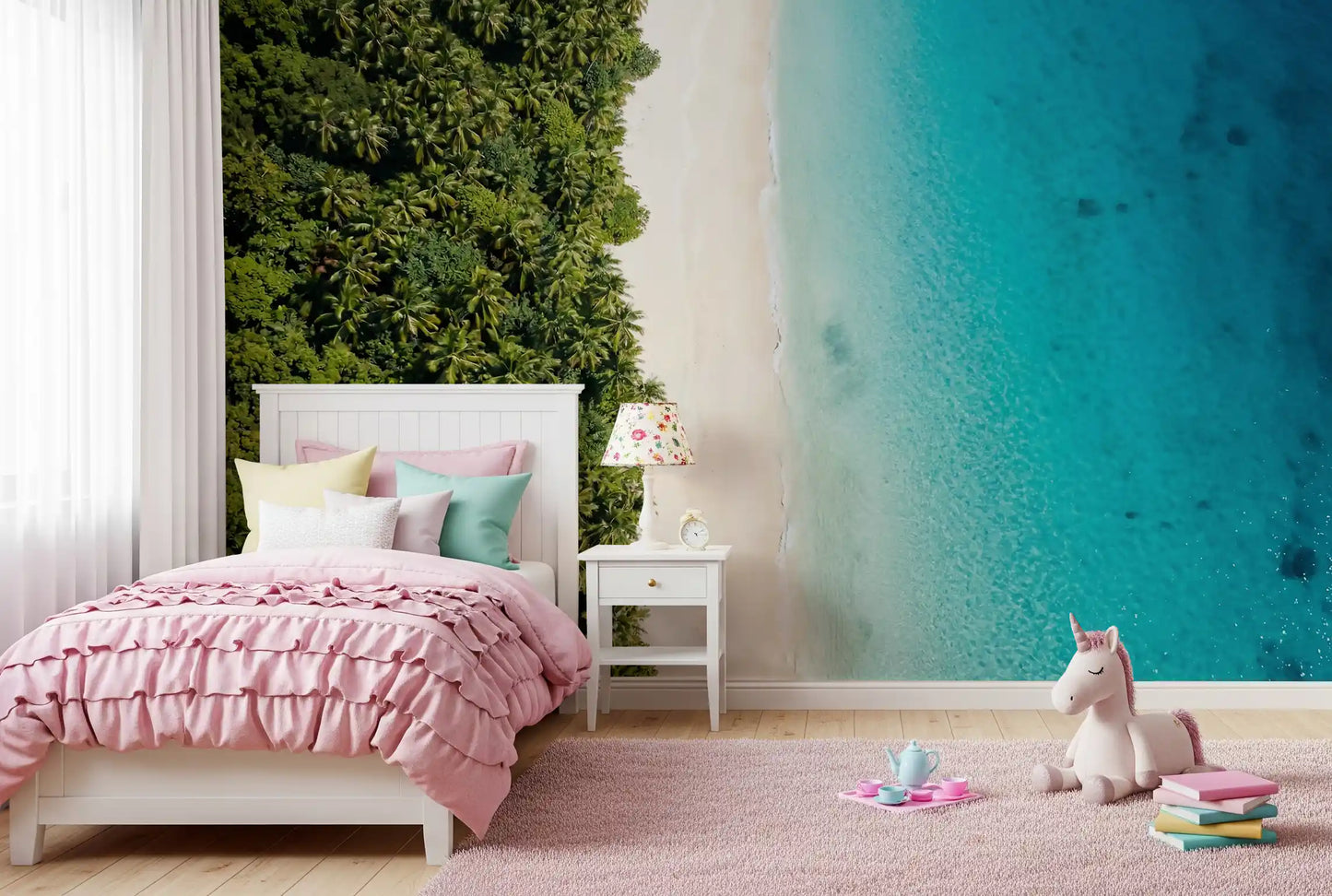 Kids Bedroom wrapped in aerial beach wall mural with palm canopy and aqua sea