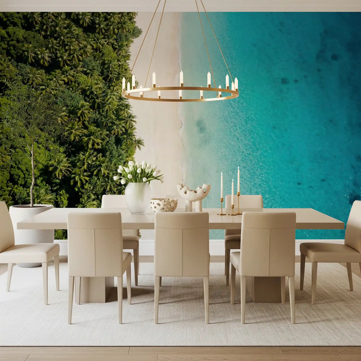 Drone-view beach wall mural with green canopy, sand strip, and shallow reef tones