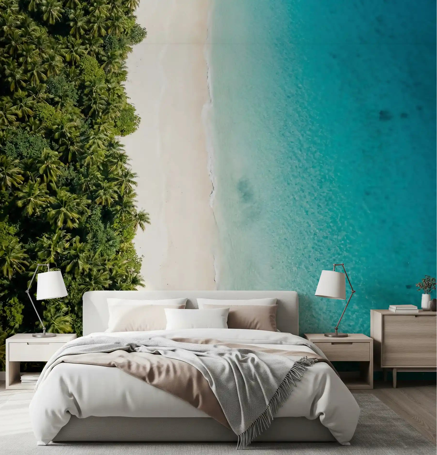 Bedroom styled with tropical shoreline wall mural and aerial beach view