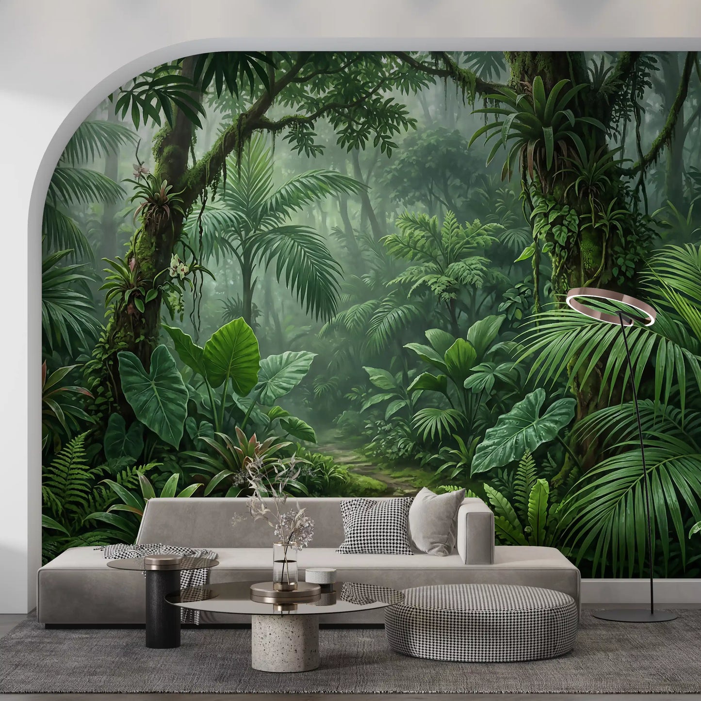 hallway area showing layered jungle wall mural in soft daylight
