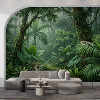 hallway area showing layered jungle wall mural in soft daylight
