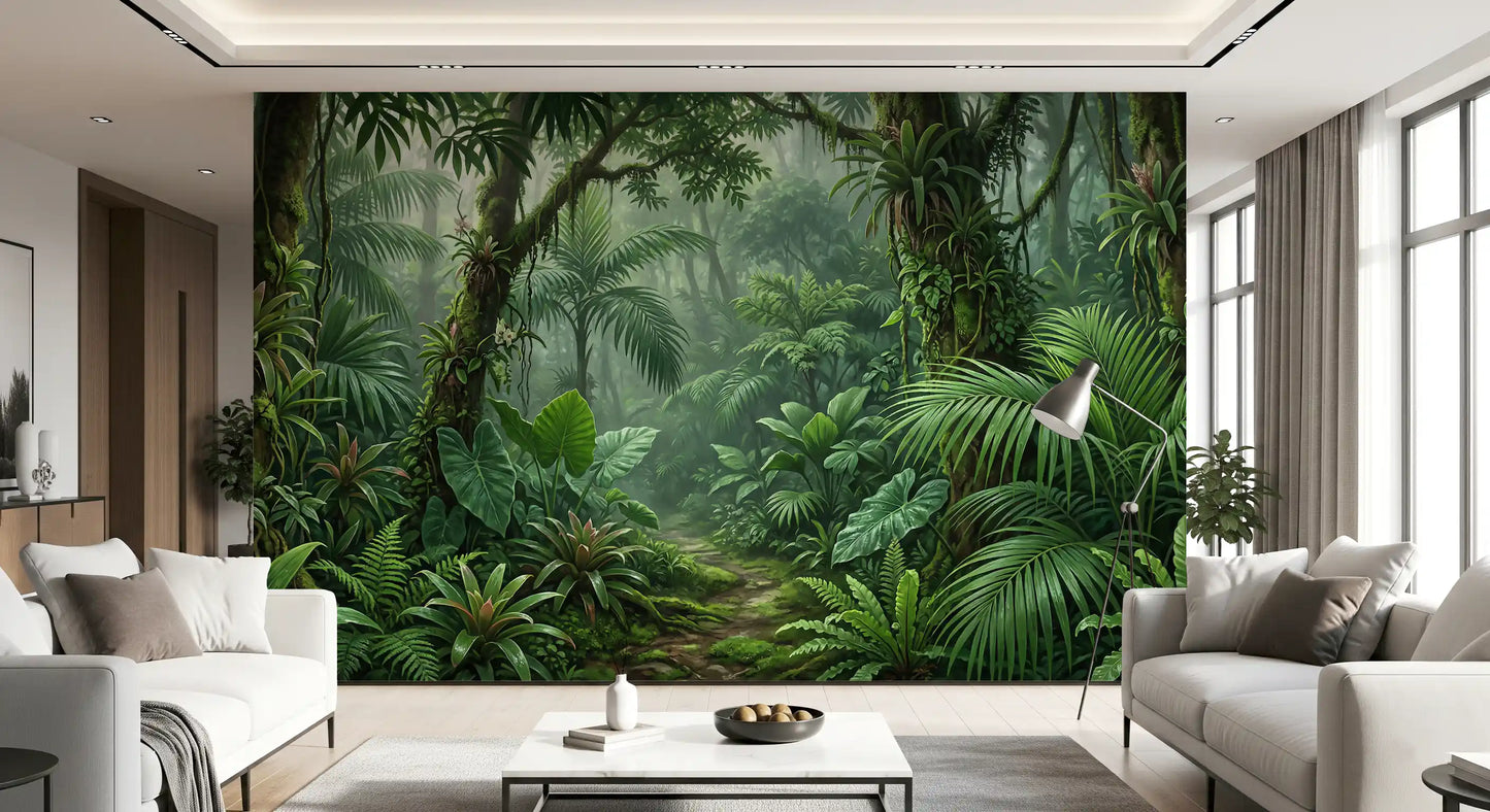 Bright lounge with emerald rainforest wall mural as full-height backdrop