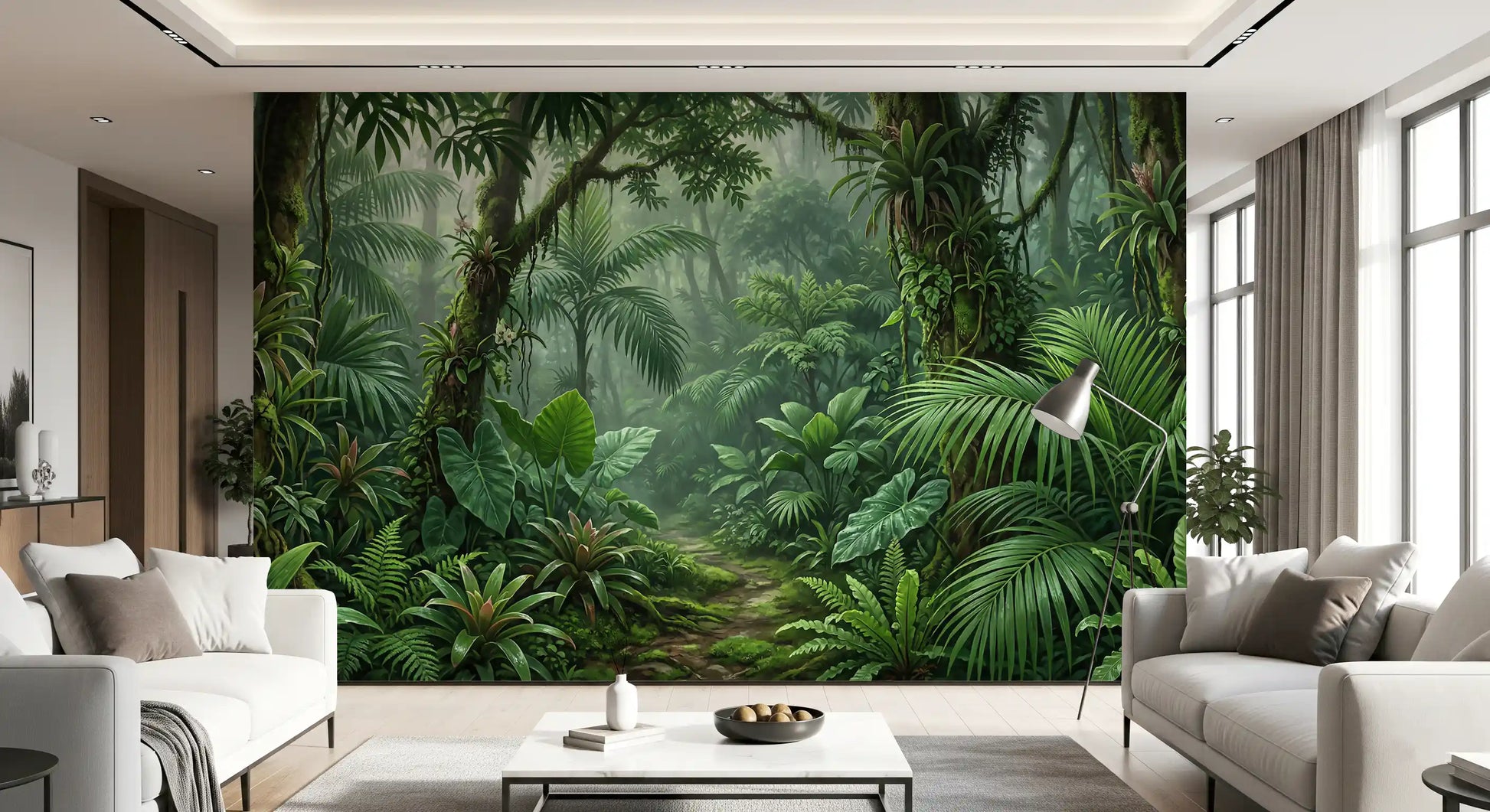 Bright lounge with emerald rainforest wall mural as full-height backdrop