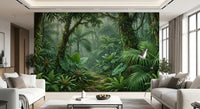 Bright lounge with emerald rainforest wall mural as full-height backdrop