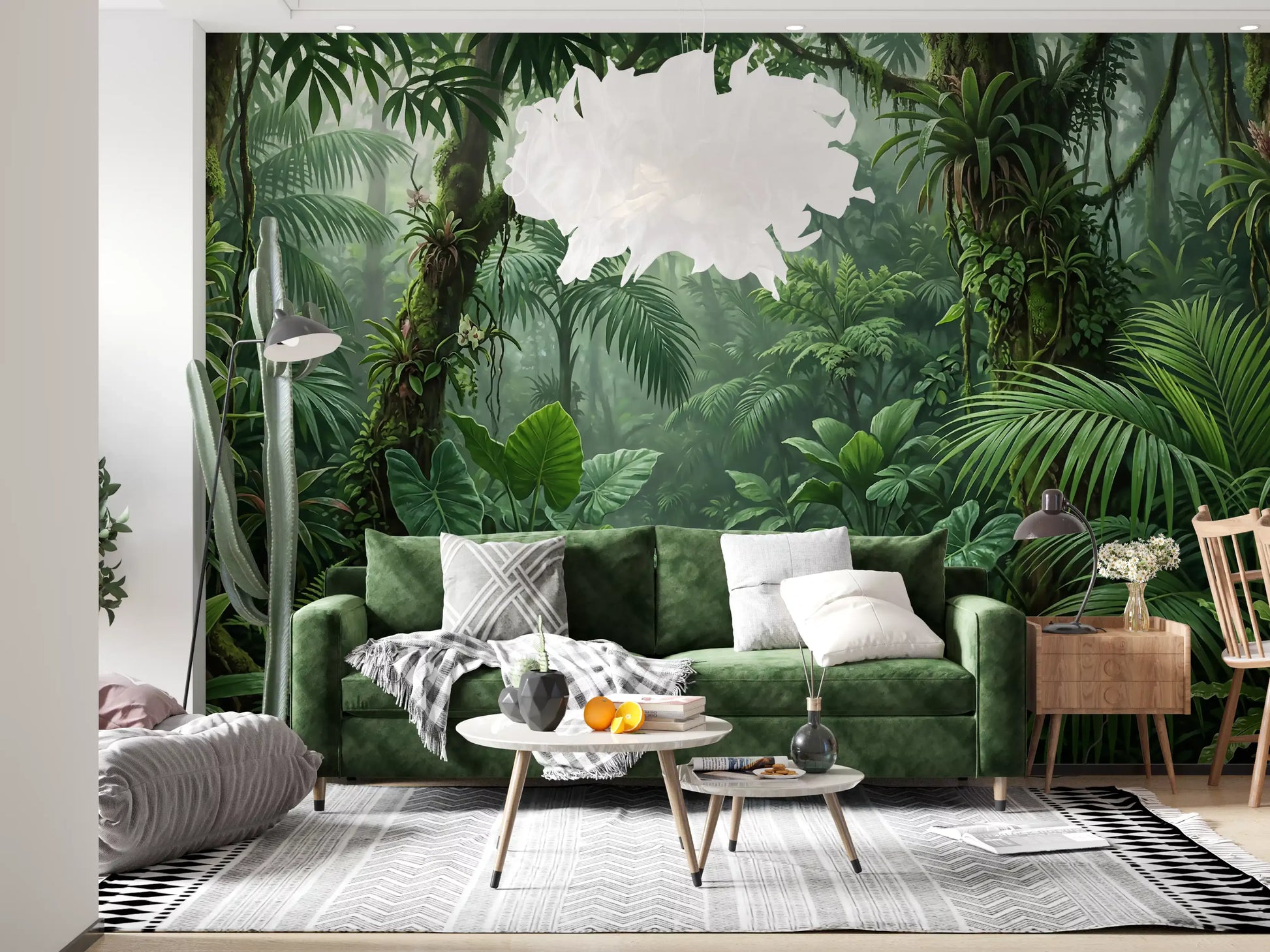 Living area styled with jungle wall mural and misty trail scene
