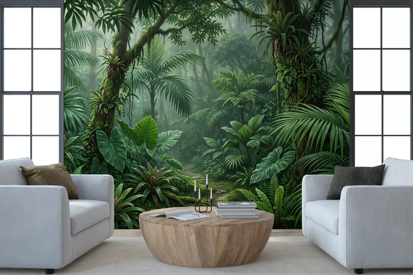 Misty forest trail in painterly emerald wall mural composition