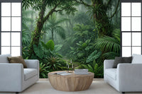Misty forest trail in painterly emerald wall mural composition