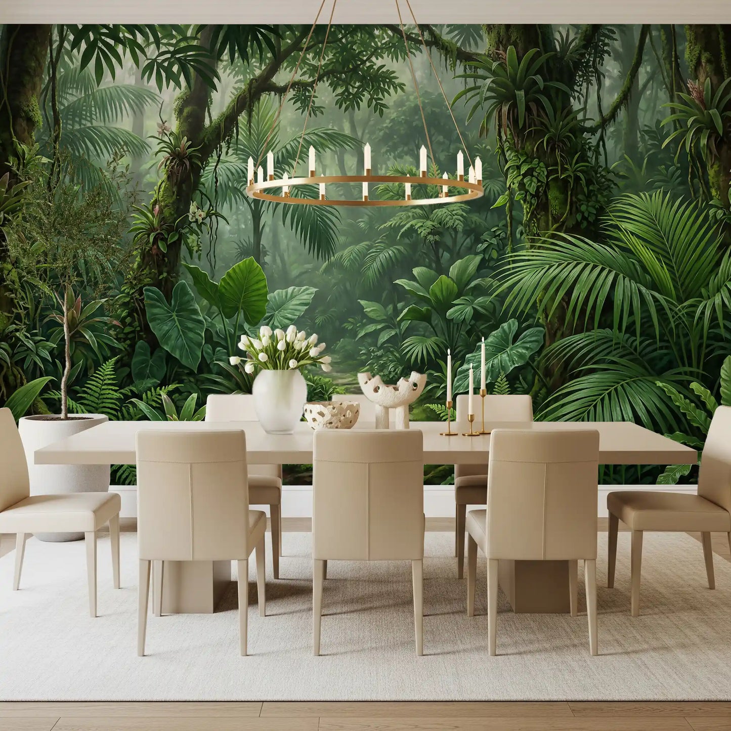 Layered rainforest wall mural with deep green and sage foliage