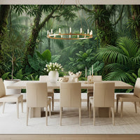 Layered rainforest wall mural with deep green and sage foliage