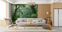Emerald rainforest wall mural with palm fronds and climbing vines