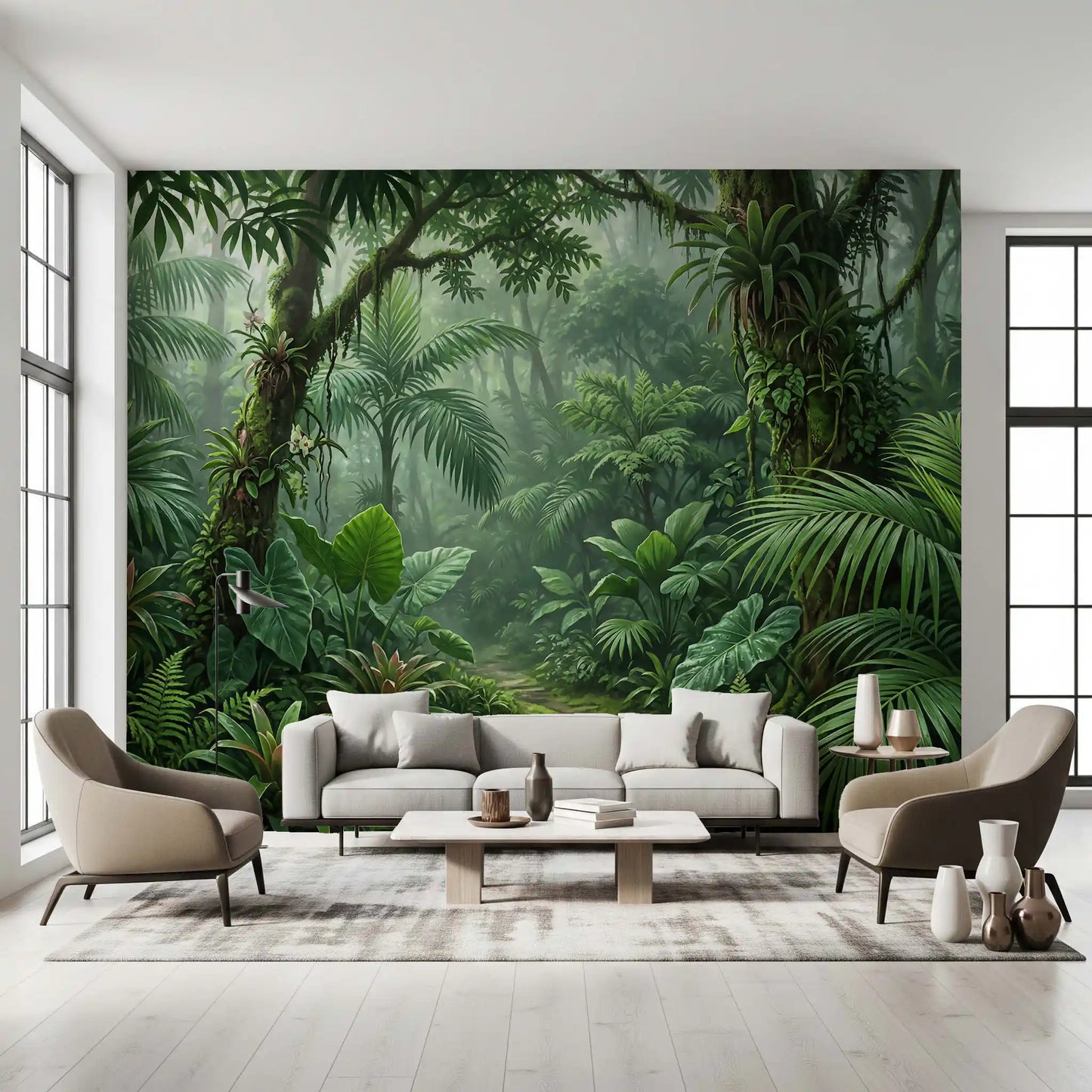 Living room space finished with rainforest wall mural in deep green tones
