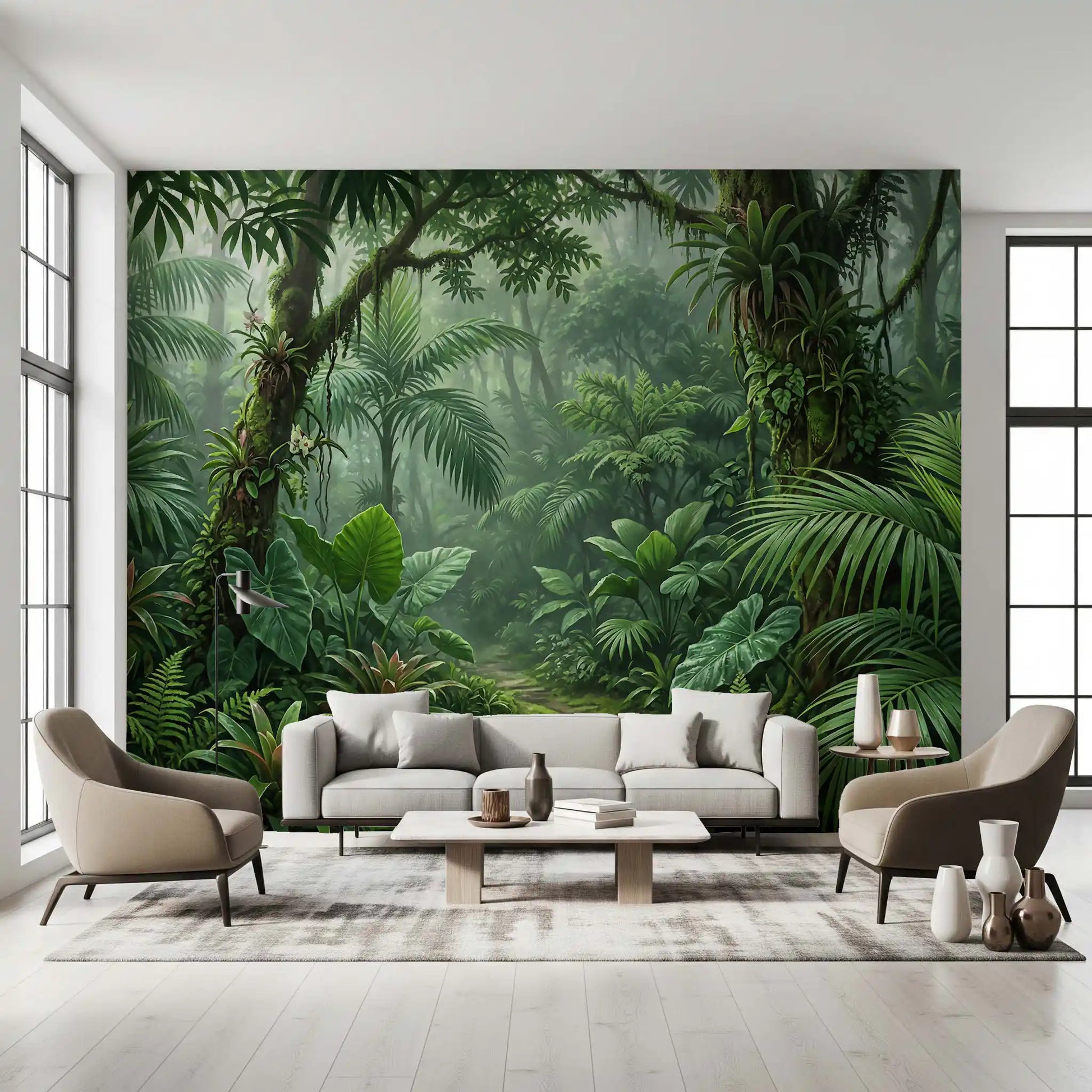 Living room space finished with rainforest wall mural in deep green tones