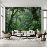 Living room space finished with rainforest wall mural in deep green tones