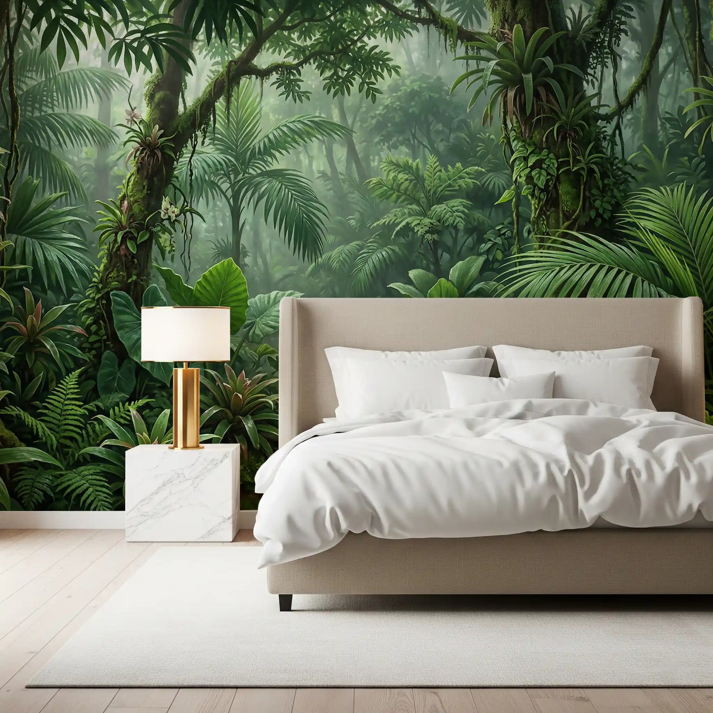 Bedroom with misty rainforest wall mural at full wall height