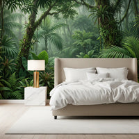 Bedroom with misty rainforest wall mural at full wall height