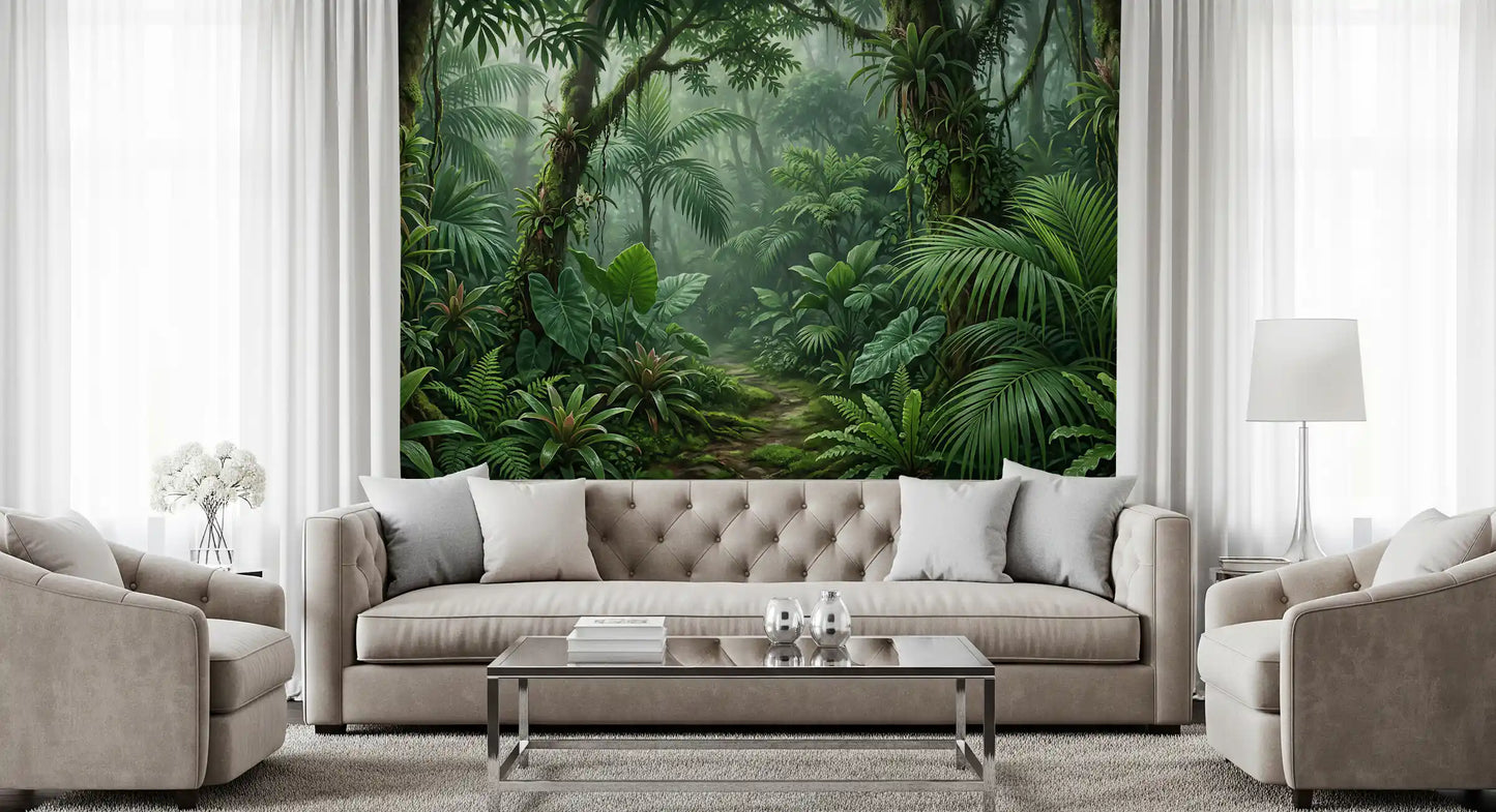 Dense jungle wall mural showing ferns, bromeliads, and mossy tree trunks