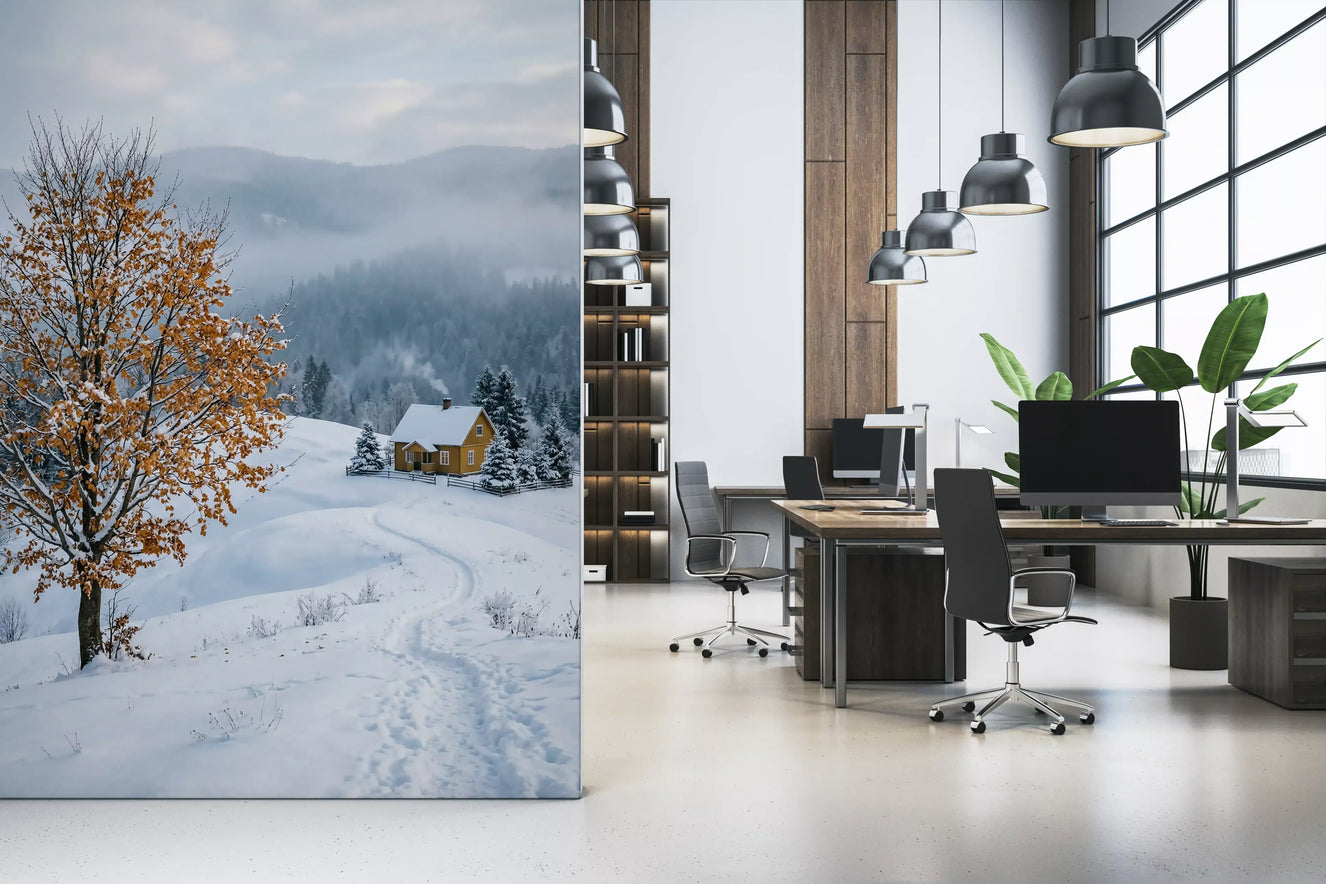 Quiet home office sits beside the snowy hillside wall mural in pale winter tones