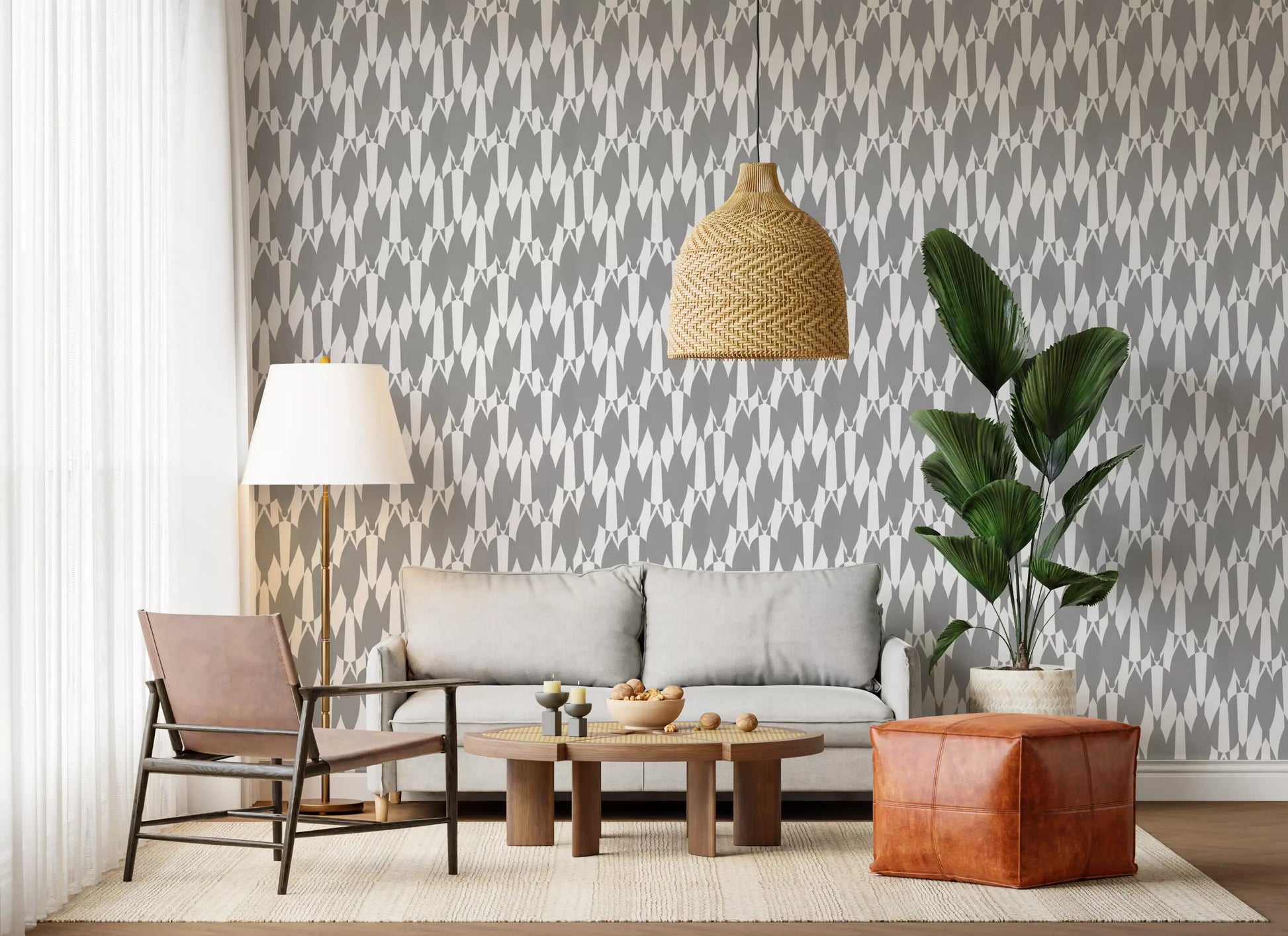 Hallway brightened by geometric flow teardrop wallpaper