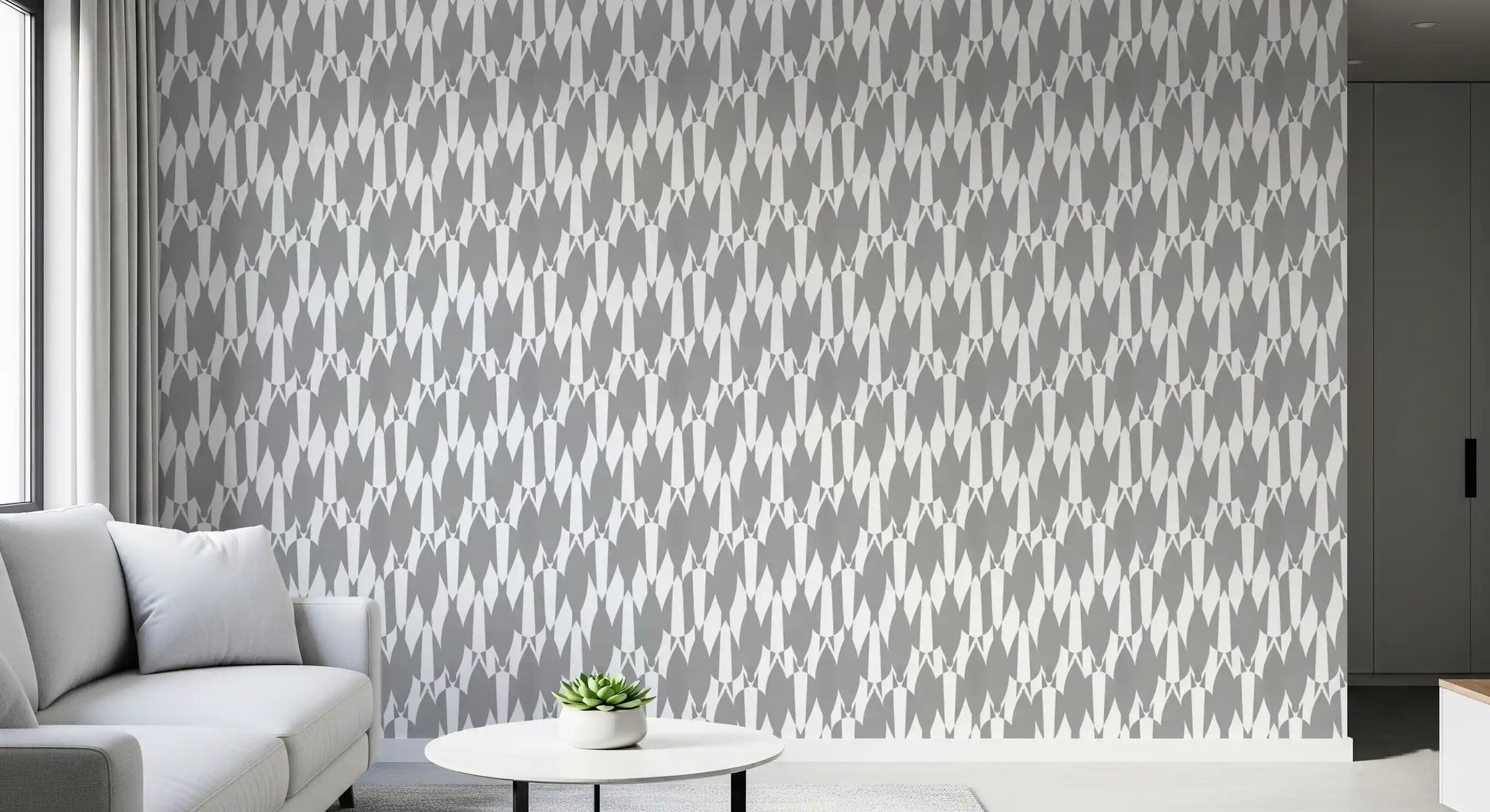 Living room feature showcasing teardrop geometry pattern wallpaper