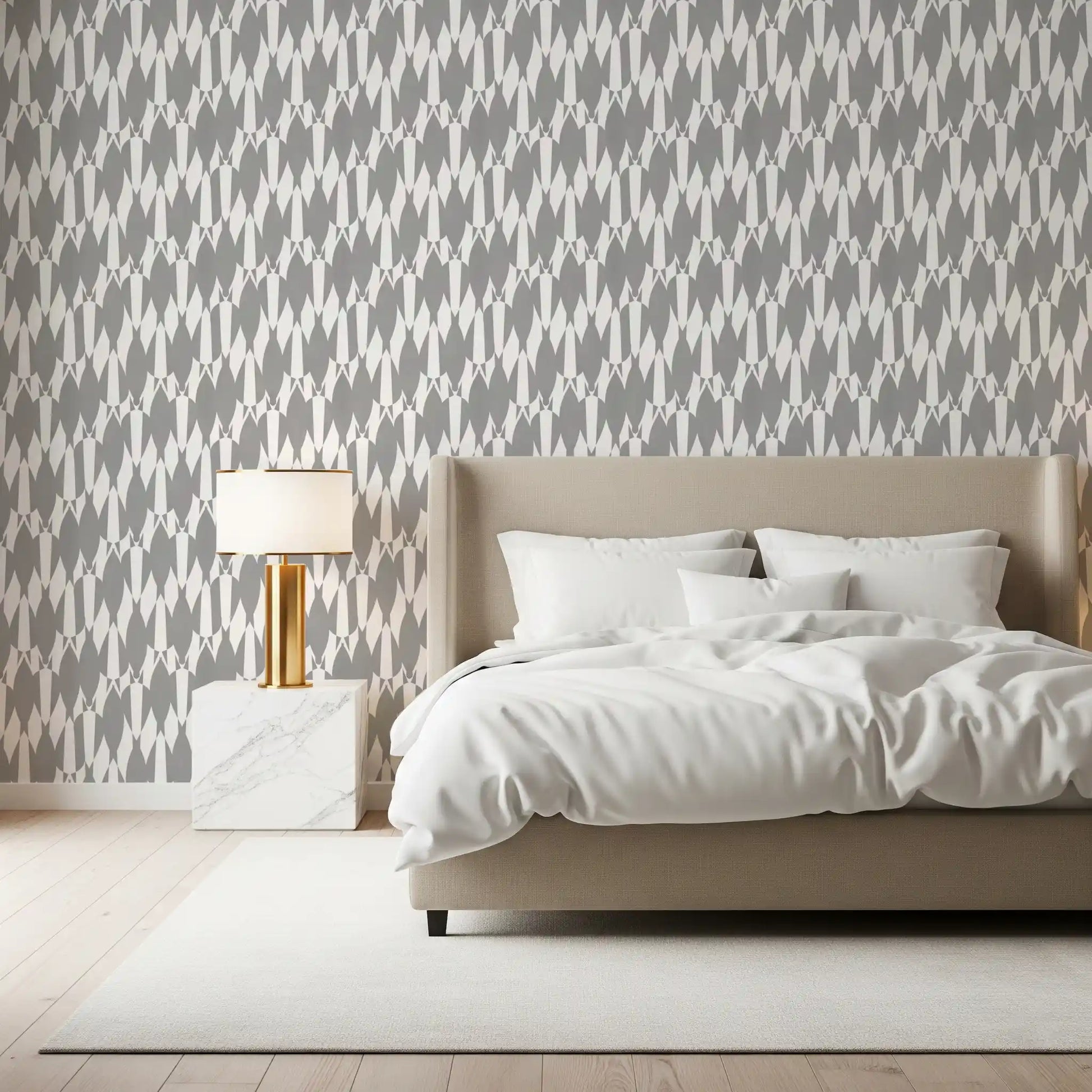 Teardrop geometry pattern wallpaper with crisp white forms on a soft gray ground
