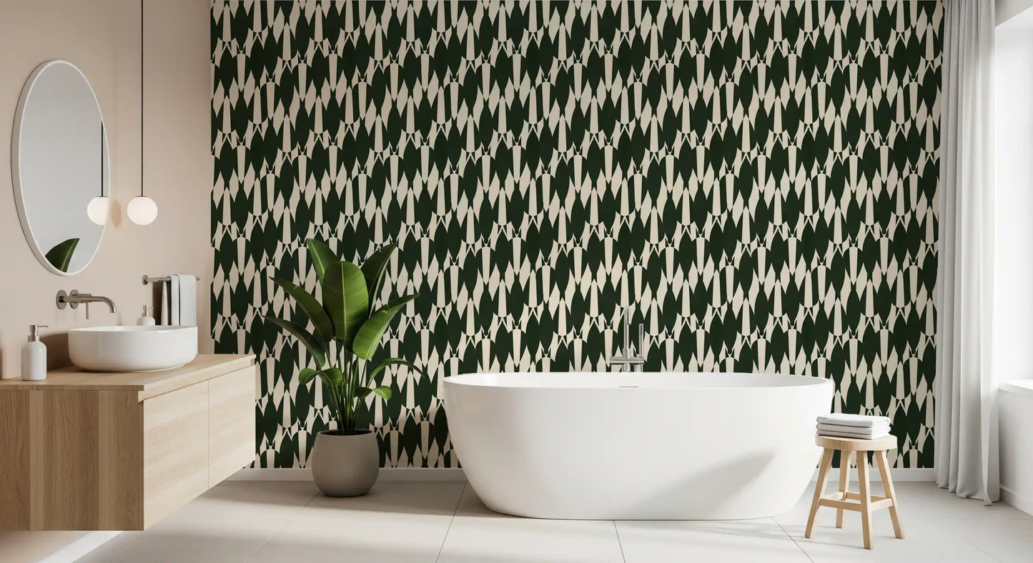 Interlocking crown crest wallpaper framing the bathroom in green and cream