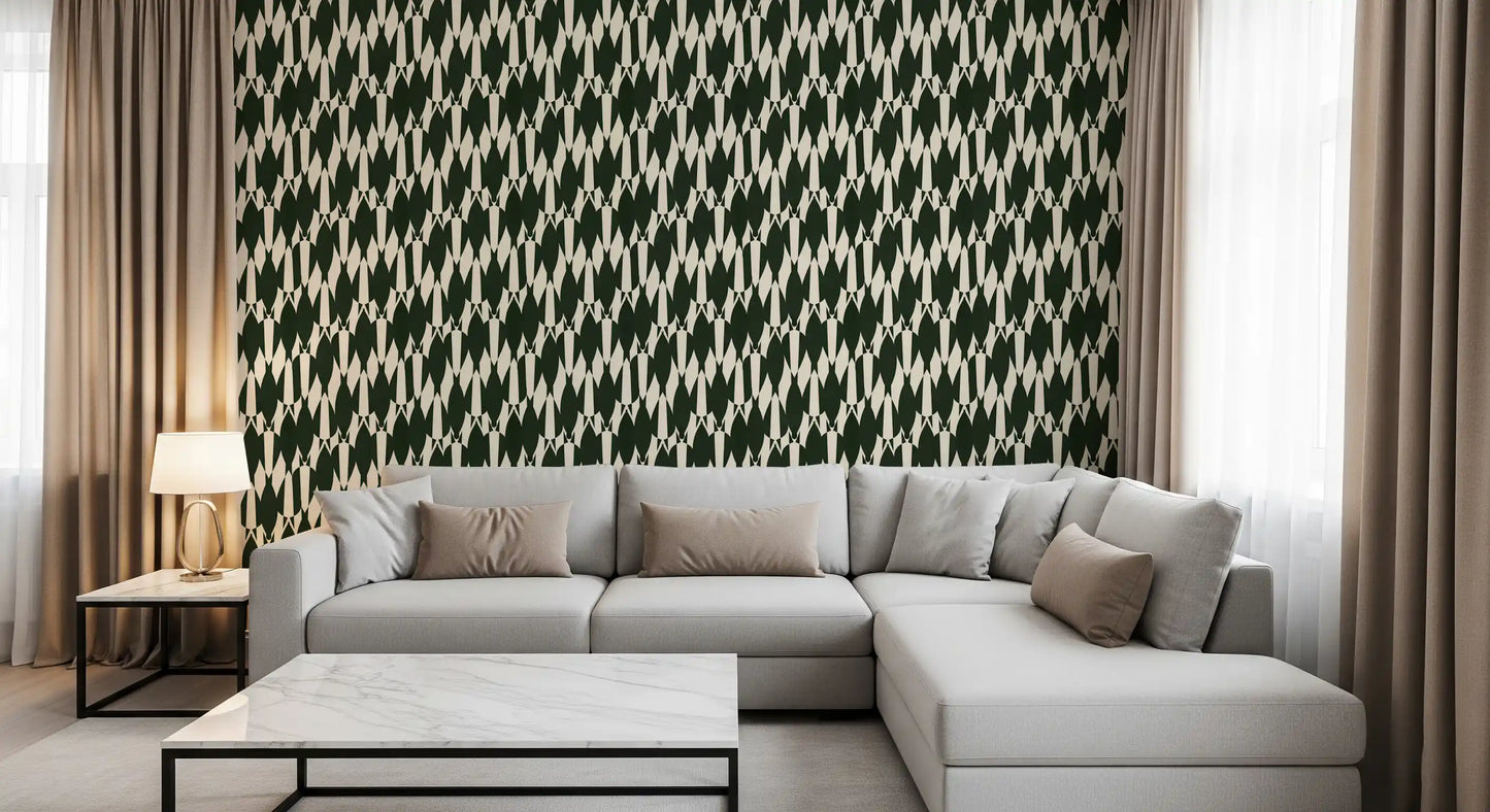 Forest green ground holds cream-colored stacked shapes on this crest pattern wallpaper