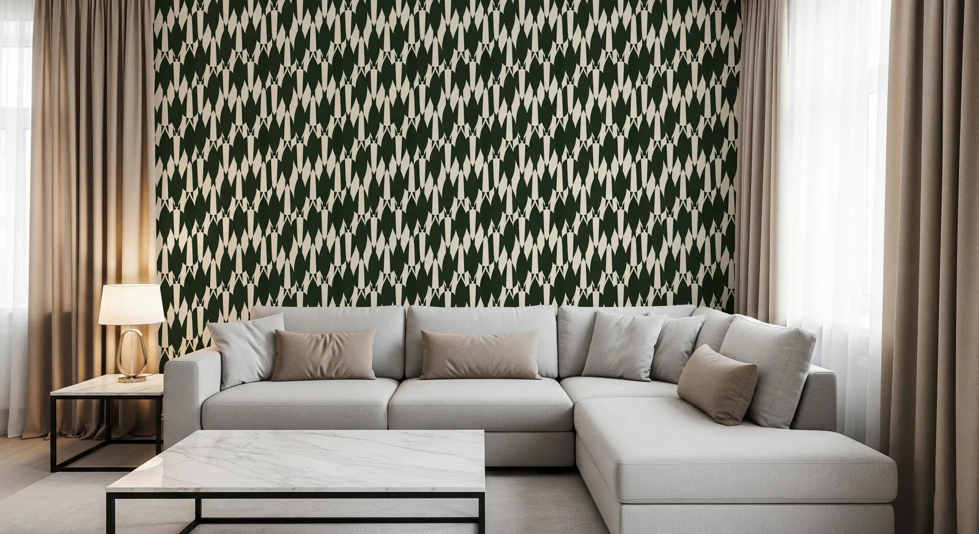 Forest green ground holds cream-colored stacked shapes on this crest pattern wallpaper