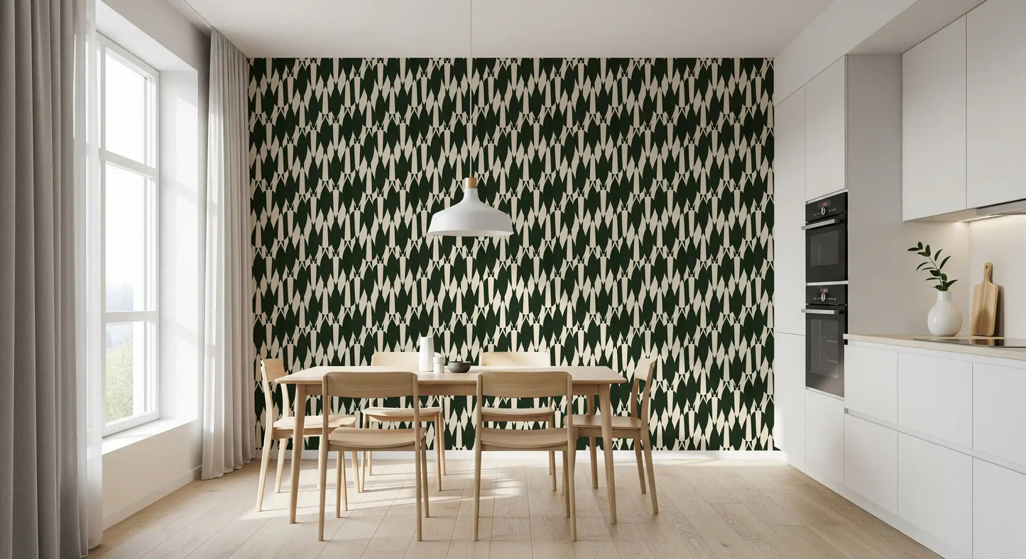 Crown-shaped geometric crest pattern filling the Dining room in vertical rhythmic stacking